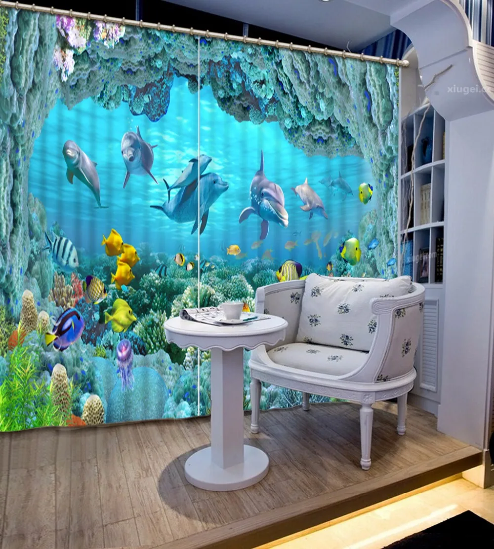 3D занавеска на заказ размер синий подводный мир коралловый Дельфин рыбка окно