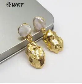 WKT WT-E490 Новые продукты Натуральный жемчуг в стиле барокко Женские подарки Необычные серьги золотого цвета