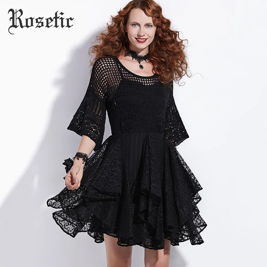 Rosetic Gothic Dress Women Black Summer A-Line Lace Hollow Flare Sleeve Double Casual Party Fashion Sexy Goth Female Dresses | Женская