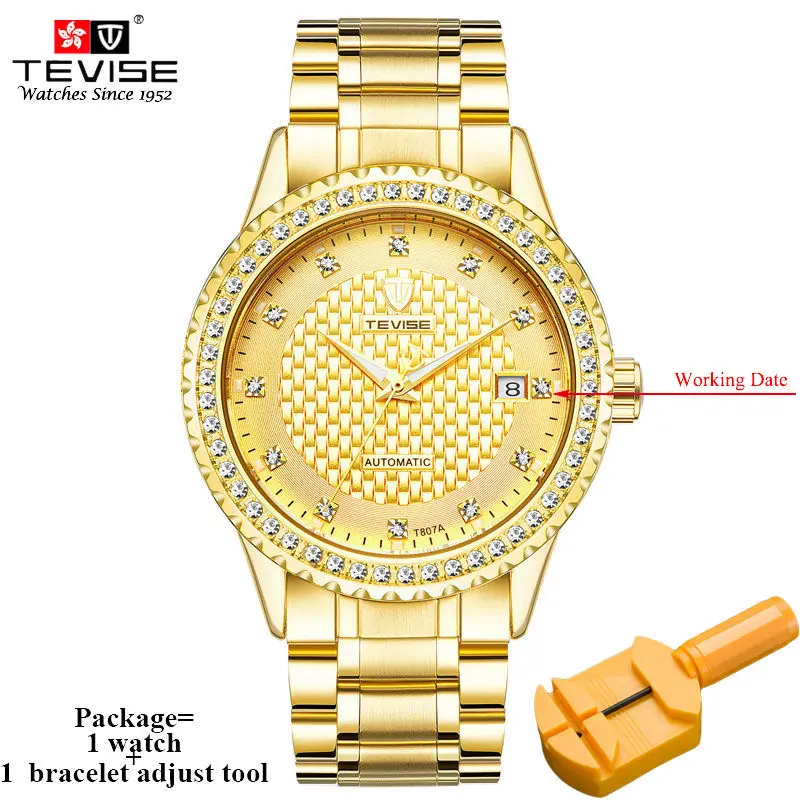 gold TEVISE T807A, автоматические мужские часы, механические, самовзводные, ремешок из нержавеющей стали, Роскошные, авто, дата, наручные часы, часы для мужчин, relogio - Цвет: gold