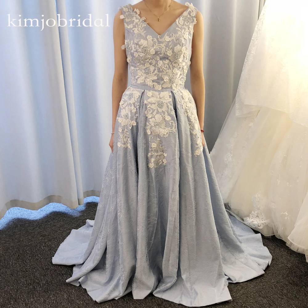 

real prom dresses 2019 deep v neck lace appliques hand made flowers beaded lace evening dresses blue vestido formatura