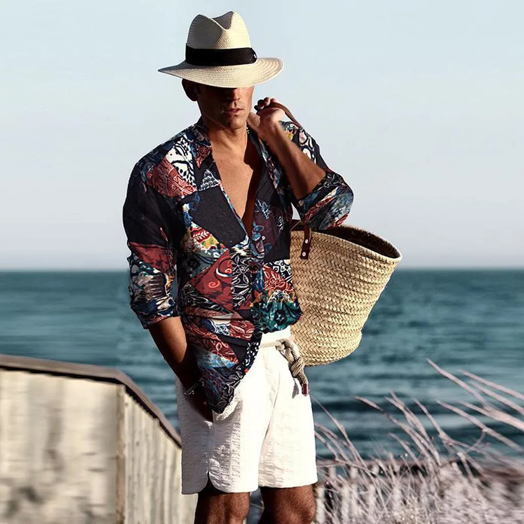 Мужская рубашка летняя Пляжная винтажная с этническим принтом отложным