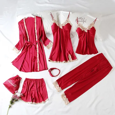 wine red Daeyard женские Модные 7 штук пижамы наборы шелк Embroideryed пижамы Для женщин пикантные кружевные пижамы наборы Весна Летняя домашняя одежда - Цвет: wine red