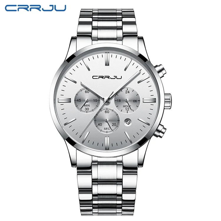 s silver white CRRJU мужские военные спортивные часы, мужские Аналоговые часы с хронографом, водонепроницаемые кварцевые мужские часы из нержавеющей стали, мужские часы - Цвет: s silver white