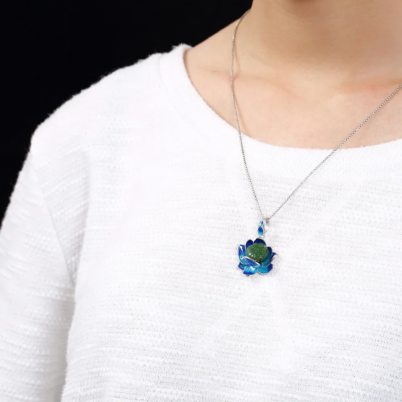 2019 New Silver S925 pure silver antique mosaic and jade cloisonne enamel lotus pendant wholesale | Украшения и аксессуары