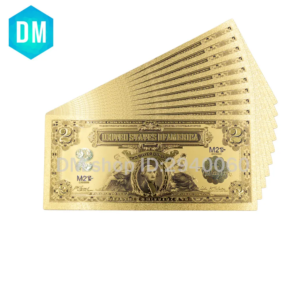 

24k Gold Plated Colorful Gold Banknote Home Decorative 1899 Year 2 Dollar World Paper Money Art Ornament 10pcs Worth Collection