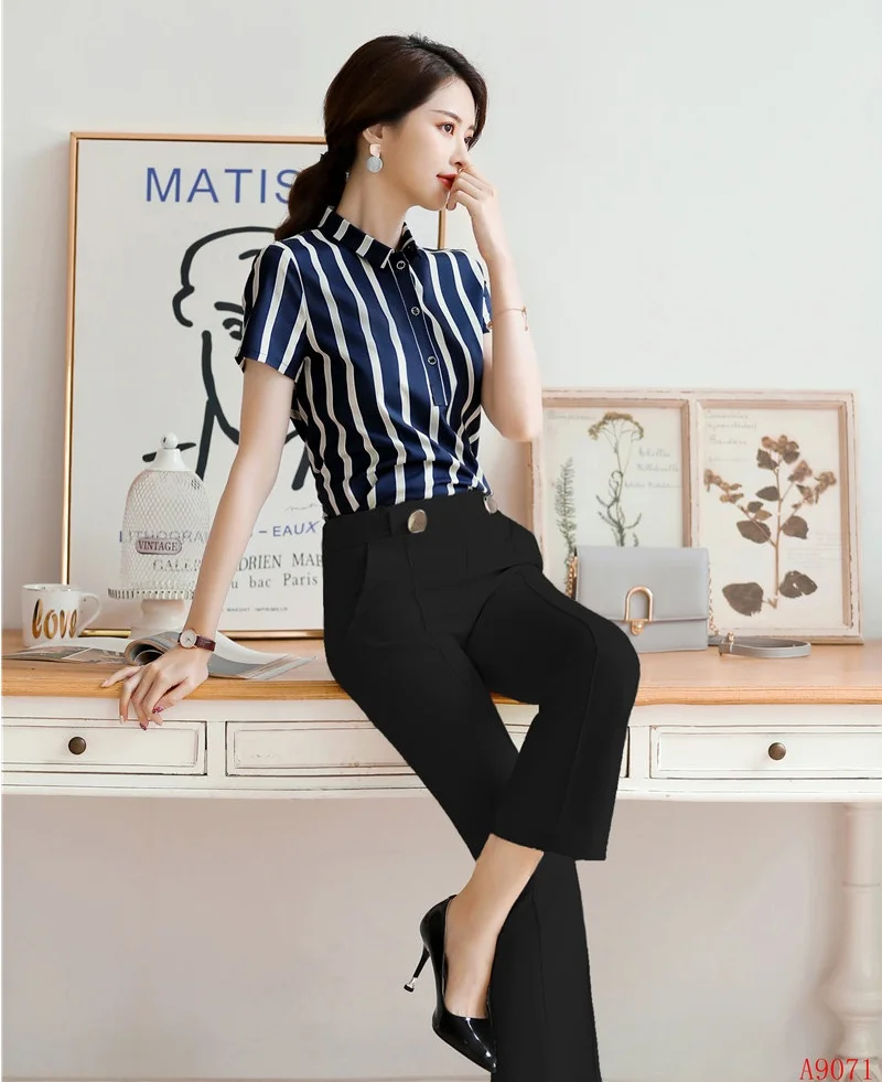 Летние женские темно синие Полосатые блузки и рубашки деловые костюмы комплект