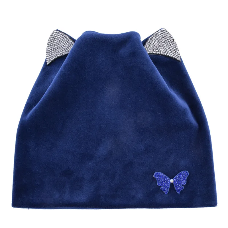 Butterfly Dark Blue Осень-зима Для женщин шапки бини шапки шапочка ручной работы женские теплого бархата Skullies, Кепки с мигающими Стразы ушами для девочек милые Touca - Цвет: Butterfly Dark Blue