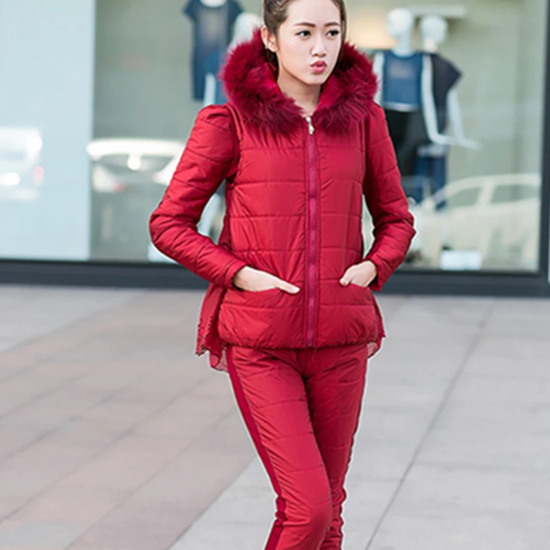 2017 Для женщин зимние теплые хлопковые 3 предмета комплекты (жилет с капюшоном +