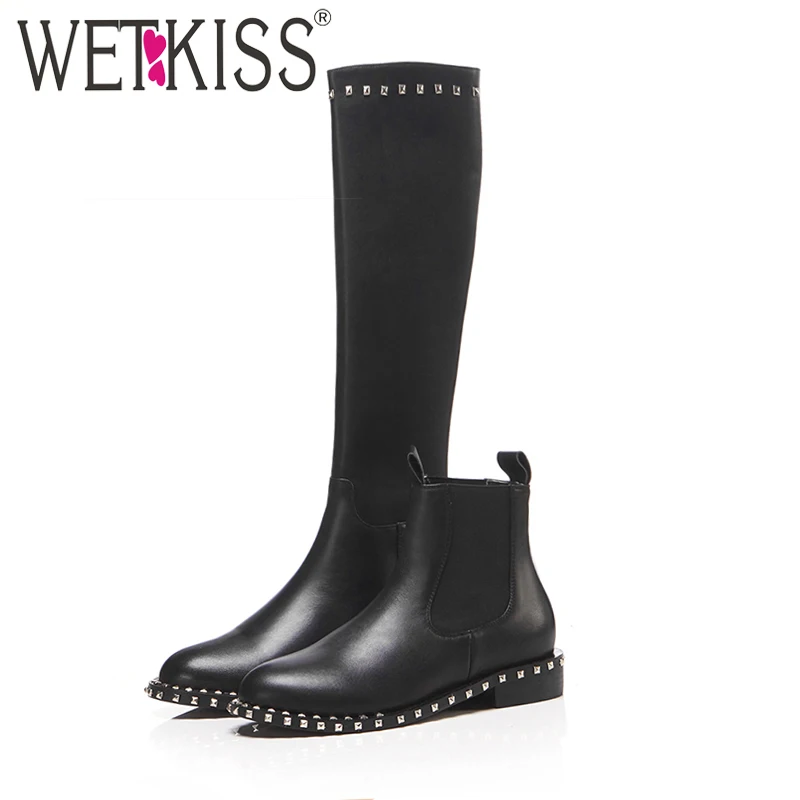 WETKISS/женские ботильоны на низком каблуке; обувь с круглым носком; женские ботинки «Челси» из коровьей кожи; обувь с заклепками; Новинка года; Сезон Зима; Цвет Черный