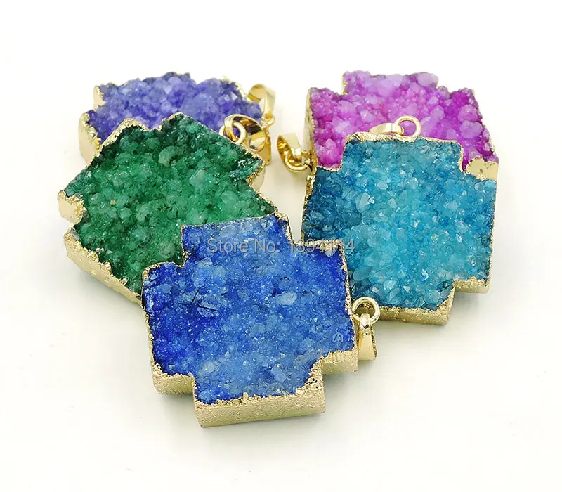 

Mixed Colors Crystal Druzy Square Cross Pendant Of Inlaying Setting 24k Gold Plated Approx 35*30mm