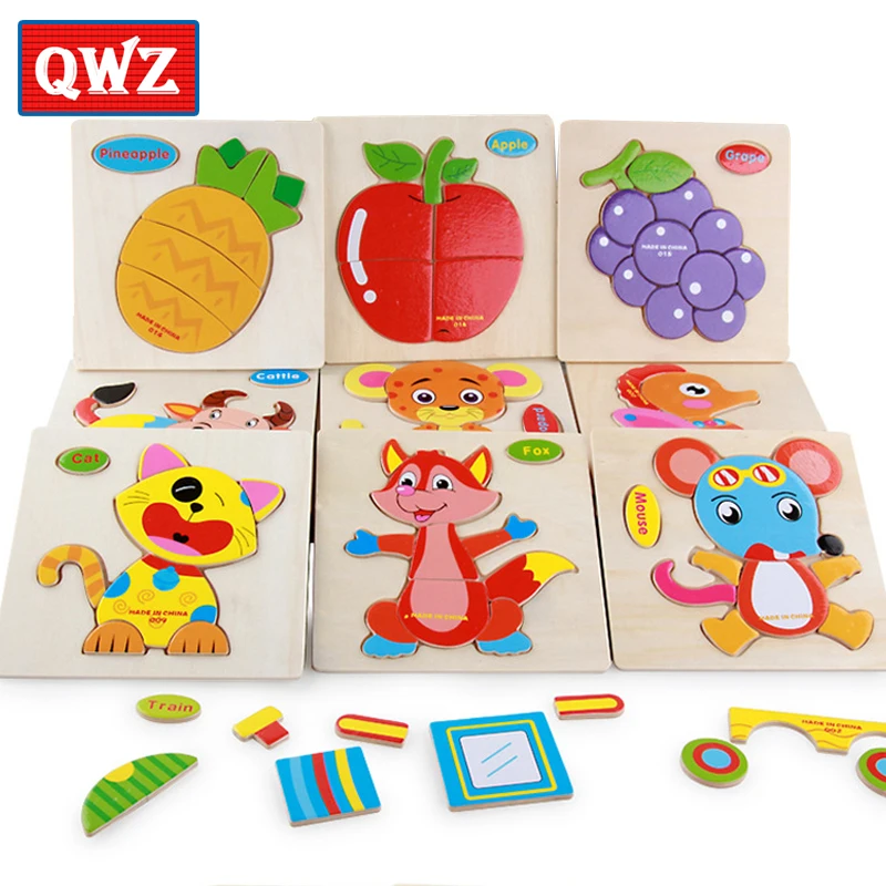 QWZ Деревянные 3D головоломки, игрушки для детей, Мультяшные животные, транспортное средство, деревянные пазлы, интеллект, Детские Ранние развивающие игрушки