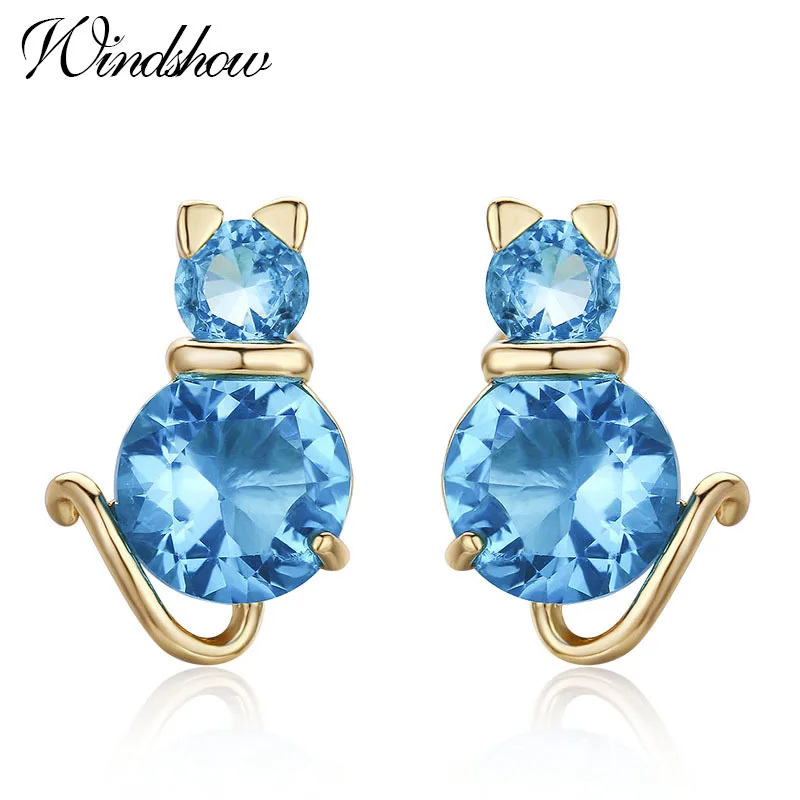 Yellow Gold Color Cute Cat Kitty Clear Zircon Anti Allergic Piercing Stud Earrings for Women Children Girls Kids Jewelry Aros|stud earrings|stud