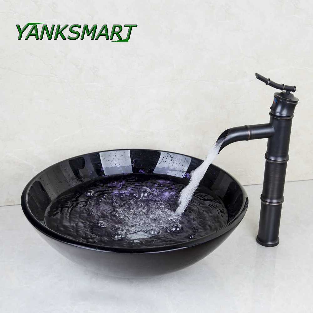 

YANKSMART Bamboo Style ORB латунный кран + ванная комната черный умывальник из закаленного стекла комбинированная Раковина Набор смеситель с сливом