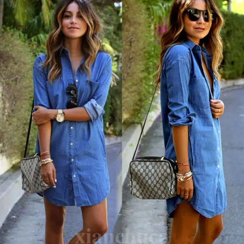 Женское джинсовое платье рубашка повседневное облегающее с отложным воротником