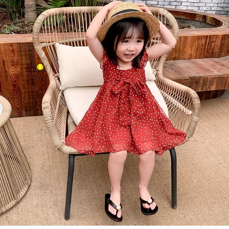 2021 для малышей летнее платье девочек красного цвета с бантом на поясе и летящими