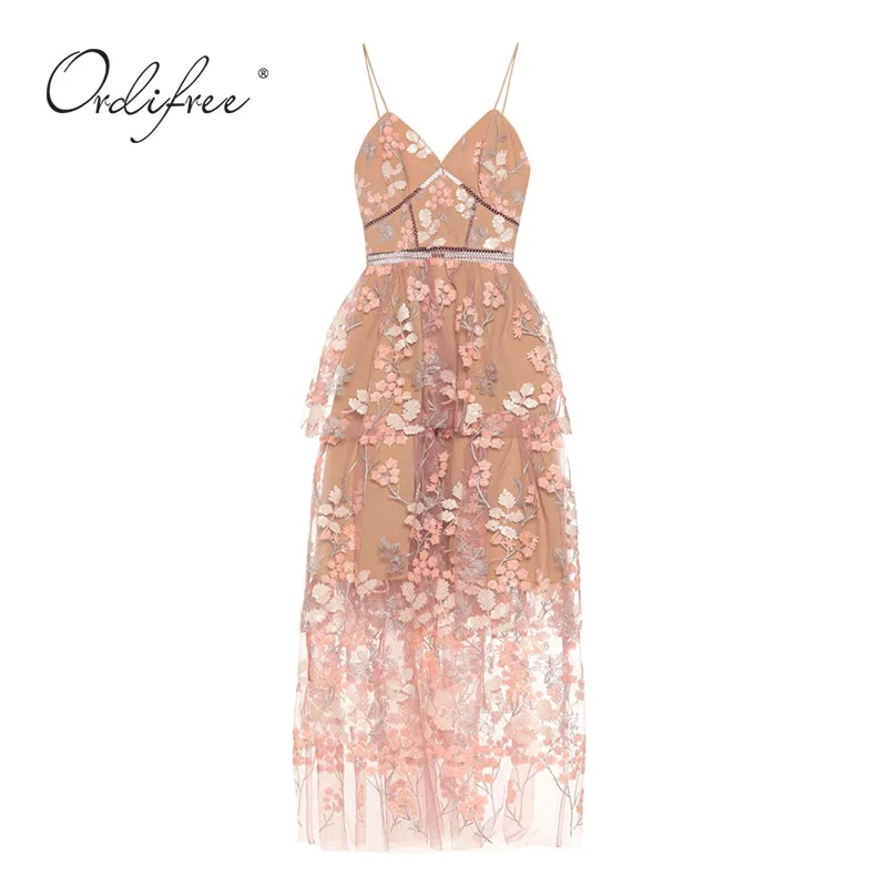 Ordifree Лето Винтаж Floral Embroidery Maxi Вечерние платье элегантный цветок вышитые Для женщин длинное платье