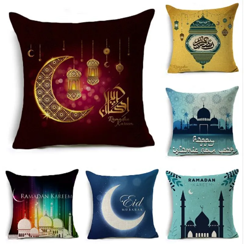 

Ramadan Decorative Cushion Cover Cotton Linen Lantern Eid Gifts Mubarak Home Decorations Pillows Cover