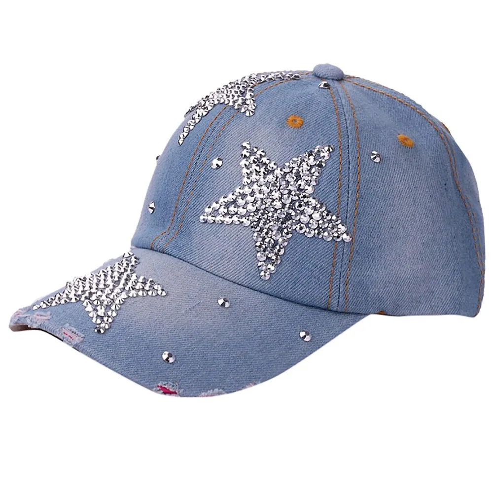 Sky Blue Классная бейсболка для женщин и мужчин, полиэстер, регулируемая летняя пентаграмма, стразы, джинсовые шапки gorras para hombre# pingyou - Цвет: Sky Blue