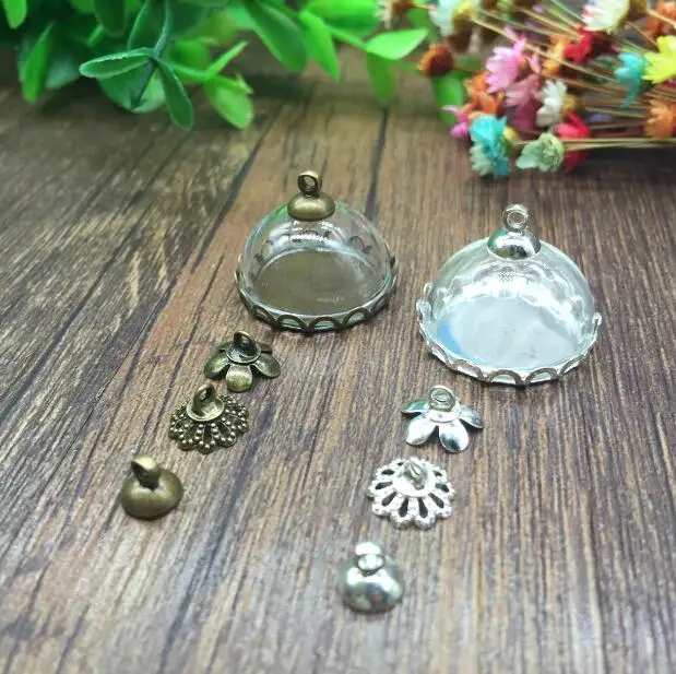 

50sets/lot 20mm glass cover bronze/silver round lace tray bead cap setting charm vial pendants craft jewelry necklace making