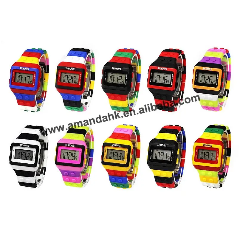 Modular Style Electronic Watch Rubber Multicolor Rainbow Block Wristwatch Digital LED Date Day Women Size Sport Watches