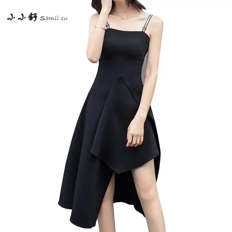Small Su 2017 Летние черные сексуальные платья без бретелек на тонких бретельках