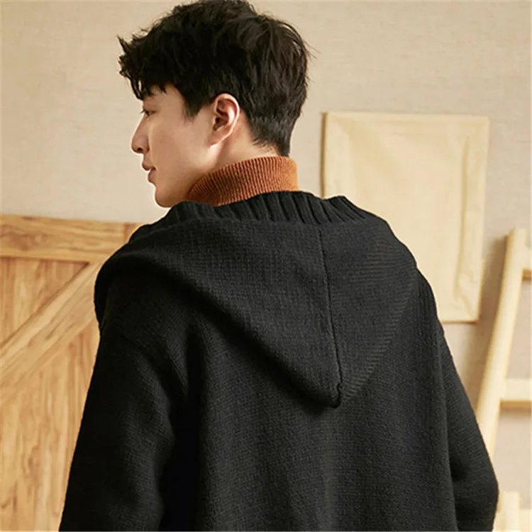 

100%hand made pure wool hooded knit men fashion solid loose single breasted cardigan sweater one&over size
