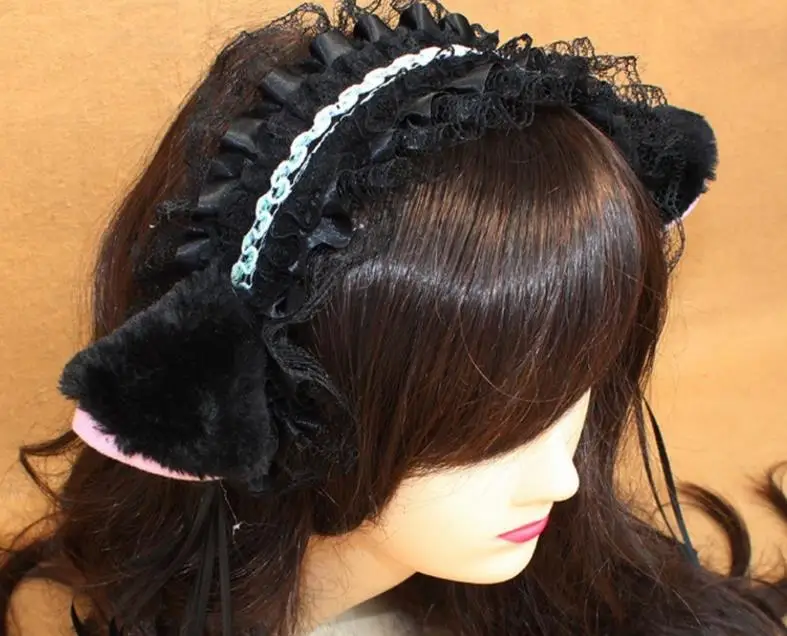 Нарядное платье повязка на голову с пушистыми кошачьими ушками кружевная лента