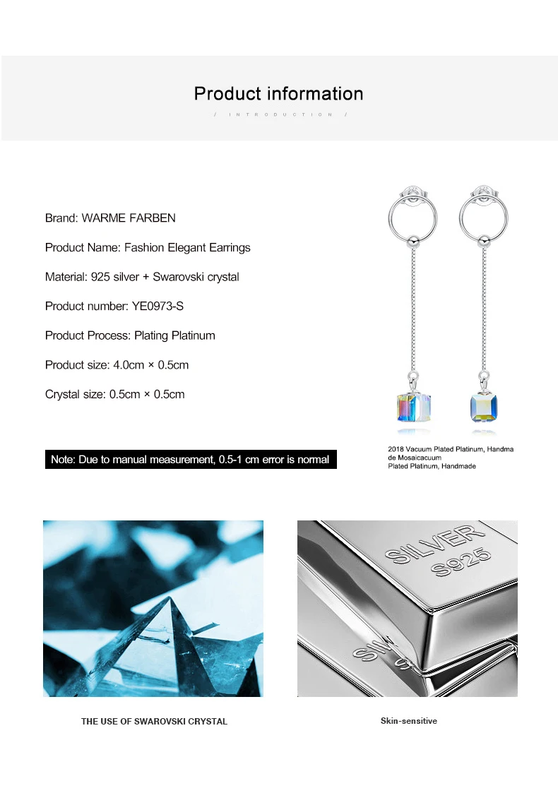 Серьги Warme Farben с кристаллами Swarovski для женщин, S925 Серебряные квадратные кубические Кристальные серьги в Корейском стиле Simpl