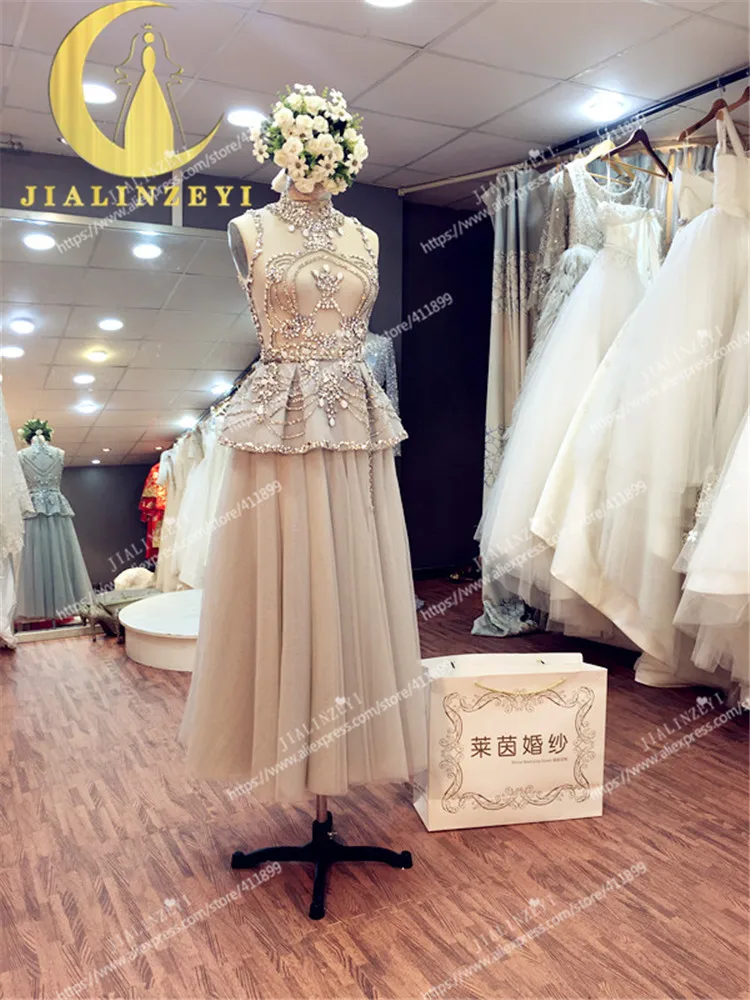 Rhine Real Image Sample Sexy Halter Grey Crystal Beads Tulle See Through Ankle Length Luxurious party Formal evening dress
