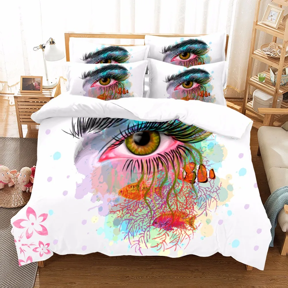 

Home Textile Watercolor Eyes Butterfly Bedding Sets Duvet Cover Cotton Pillowcase Sheet Linen Floral Print Bedclothes Queen Size