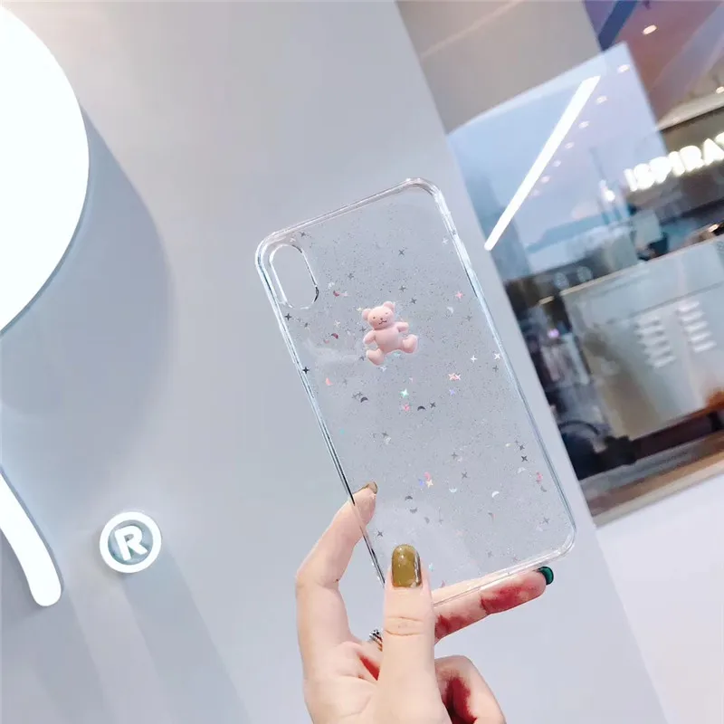 Transparent sequins stars bears phone case For iphone 6 6s 7 8plus luxury hard shell X XS MAX XR back cover |