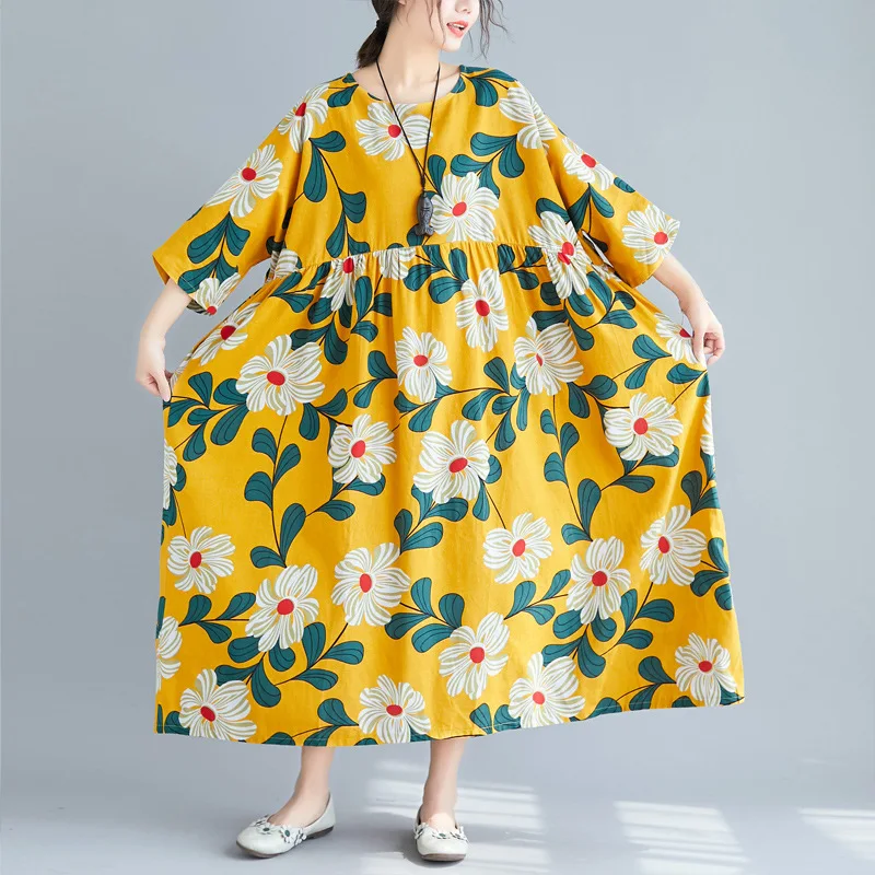 Повседневное свободное натуральное летнее платье с коротким рукавом карманами