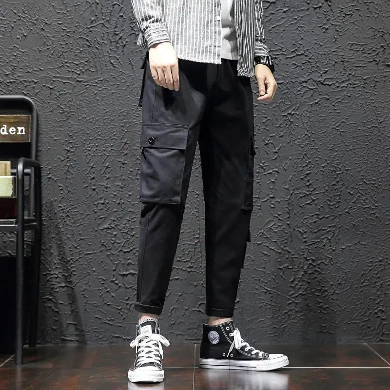 

S-5XL Plus Size Ankle Length Skinny Cargo Pants For Men Plain Color Summer Lightweight Slim Fit Multi Pockets Baggy Trousers Men