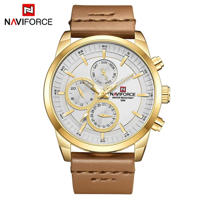 Мужские часы NAVIFORCE Топ бренд класса люкс водонепроницаемые 24 часа дата Кварцевые часы мужские модные кожаные спортивные наручные часы Мужские часы - Цвет: brown white gold