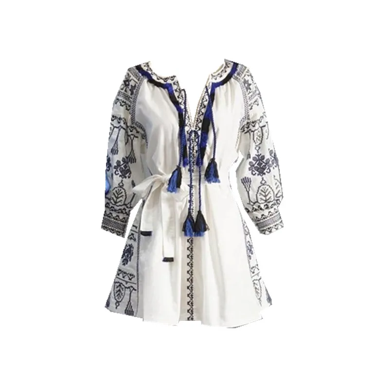 Новое богемное платье с поясом vestido свободное хлопковое вышитое винтажное платье Национальная женская рубашка льняное свободное кружевное платье