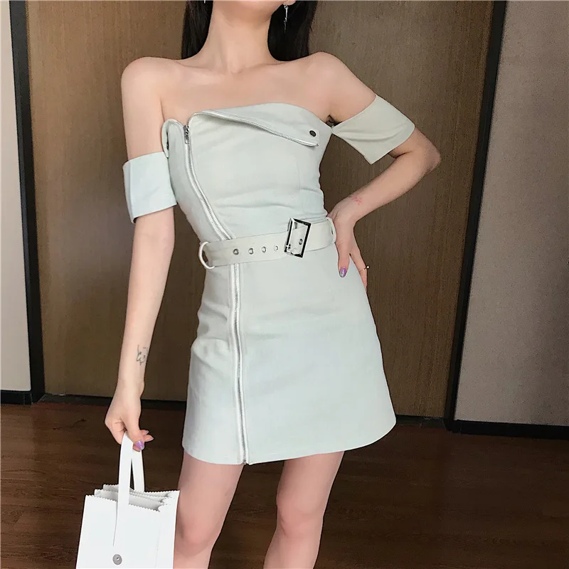 Женское джинсовое платье с поясом Летнее мини на молнии открытой спиной и