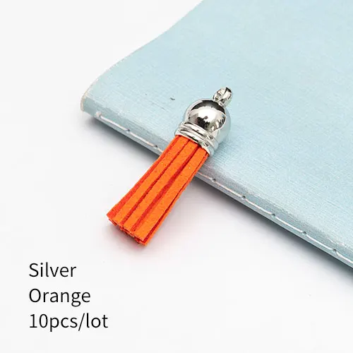 Silver Orange 10 штук 35 мм кожаные подвески с кисточками из искусственной замши с шапками для брелоков, ремешки для ключей, аксессуары для самостоятельного изготовления, многоцветные - Цвет: Silver Orange