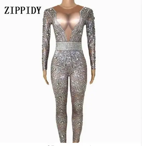 2019 Sparkly Glass Crystals Jumpsuit Women's sexy Gray Bodysuit Costume Dance Stage Wear Female Singer Big Stretch Outfit