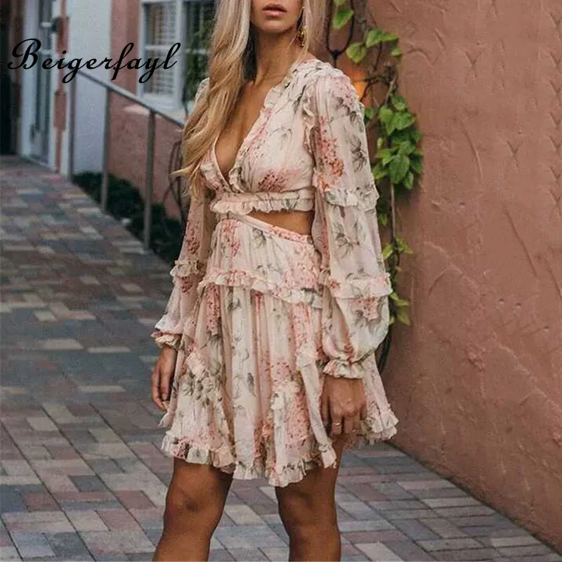 Beigerfayl Sexy Women Beach Elegant Dress Lantern Sleeves 2019 Bohemian Deep V Neck Long Sleeve Floral Print TDR15651 | Женская одежда