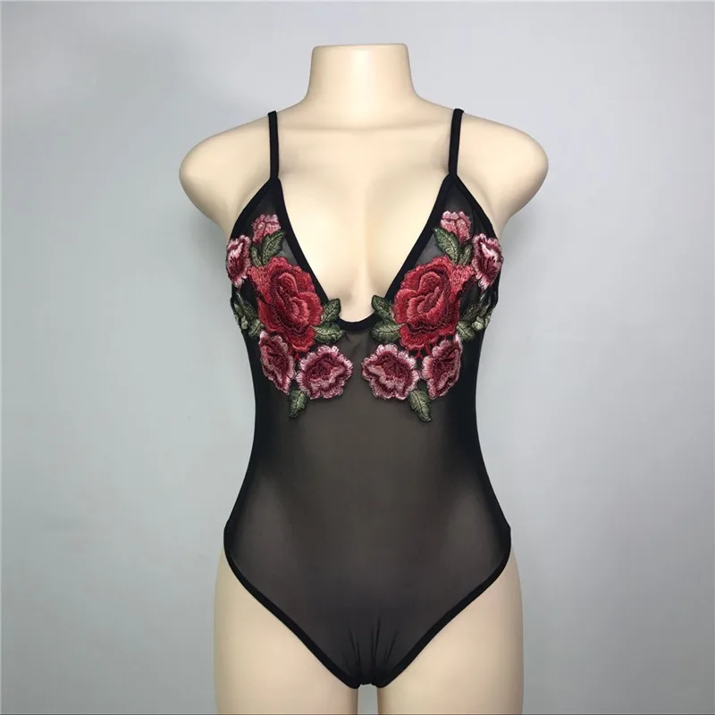 LING XIAO 2018 summer new hot women's suspenders embroidered slim sexy jumpsuit fashion V-neck black Siamese briefs wholesale | Женская