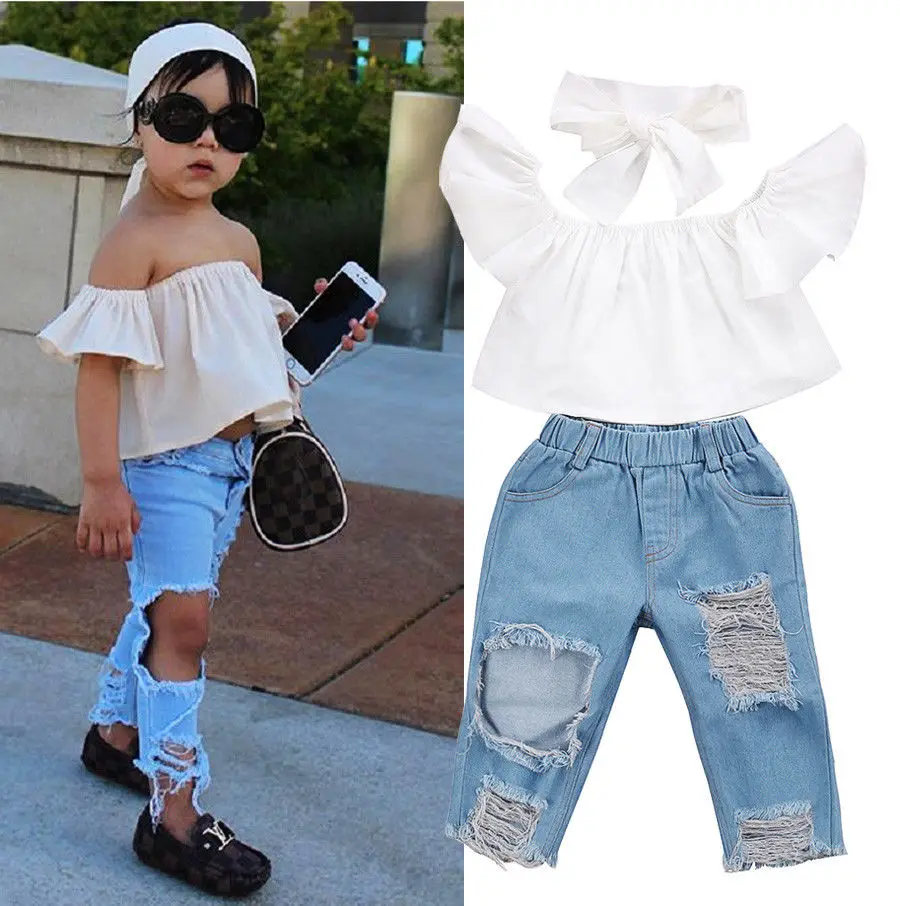 3 шт. детские джинсовые брюки и топ с открытыми плечами|clothing sets|kids stylegirls kids |
