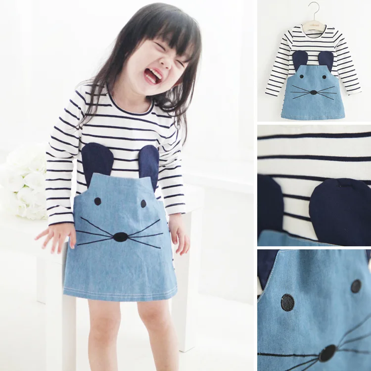 

2020 Summer Spring Striped patchwork character Girl dresses Cute Mouse Children clothing Kids girls dress Denim kids Clothes