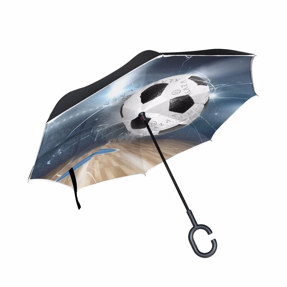 

Soccer Reverse Umbrella Double Layer Pongee Fabric Adults Umbrellas C-Hook Handle Car Umbrella Windproof Waterproof Useful