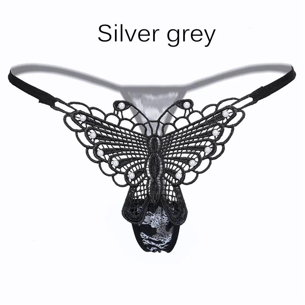 silver grey Женские стильные трусы, кружевное сексуальное нижнее белье, милые бабочки, жемчужные цветы, нижнее белье, стринги, женские трусики - Цвет: silver grey