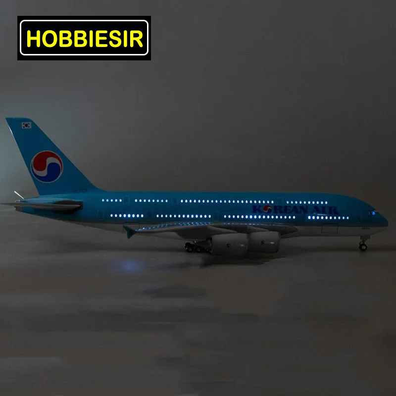 With light 1/160 Scale 45.5CM Plane Airbus A380 Aircraft Korean International Airline Model W Light& Wheel Diecast Plastic Resin Kids Gift - Цвет: With light