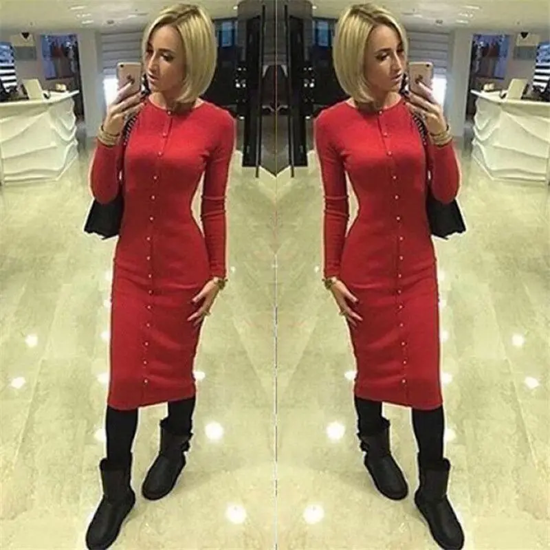 2018 Wankou Повседневное женское платье Красный Bodycon женский Vestidos украсить Пуговицы o