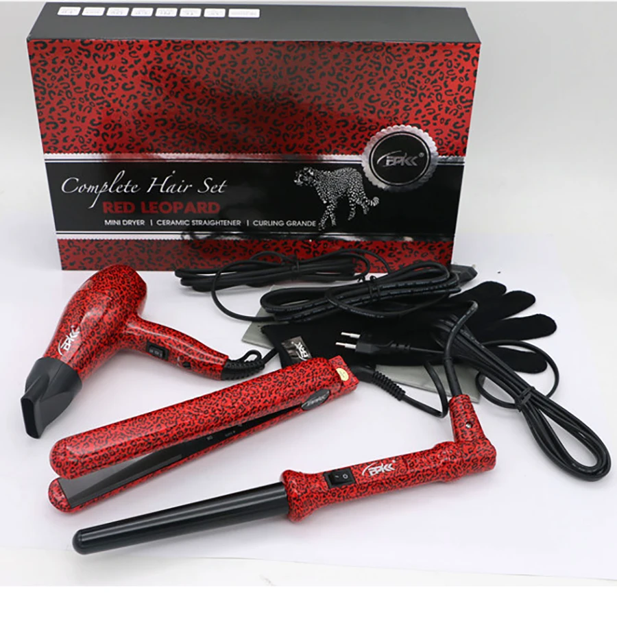 FMK 3 шт. красный/зебра Плойка для профессиональной завивки + Фен Выпрямитель волос