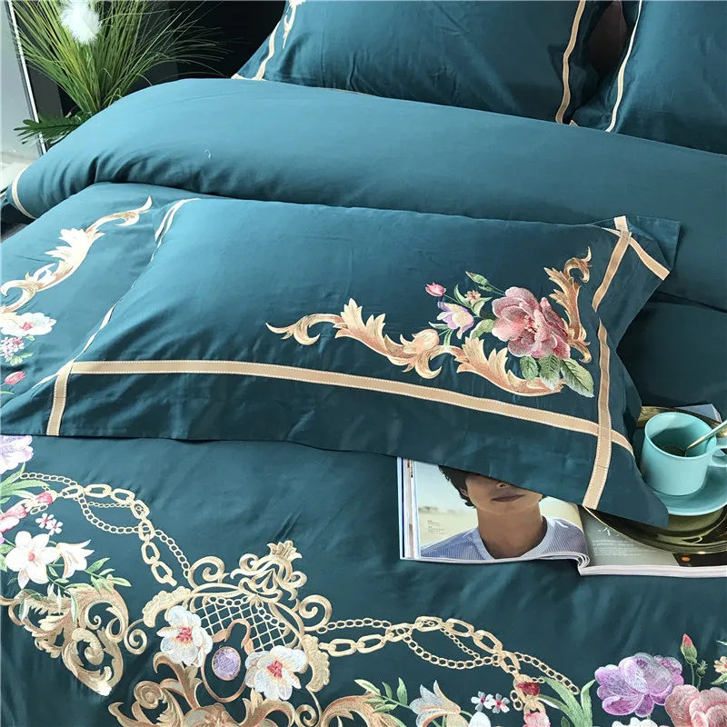 

60S Egyptian cotton Green Pink Blue White Luxury Royal Embroidery Bedding Set Duvet Cover Bed sheet Bed Linen Pillowcases 4pcs