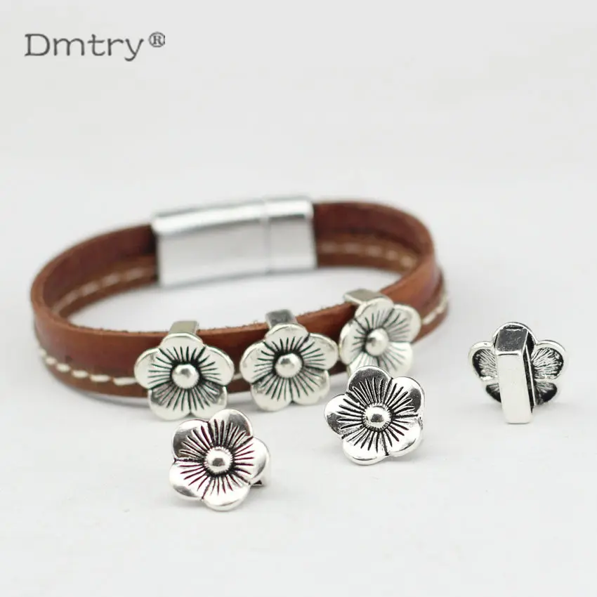 Dmtry 10 шт. античное серебро 10 мм плоский держатель слайдеры Шарм для использования с 10*5 мм плоский кожаный шнур счастливые цветы части BB0008 (art.: 7acacd5c0) - 7acacd5c0